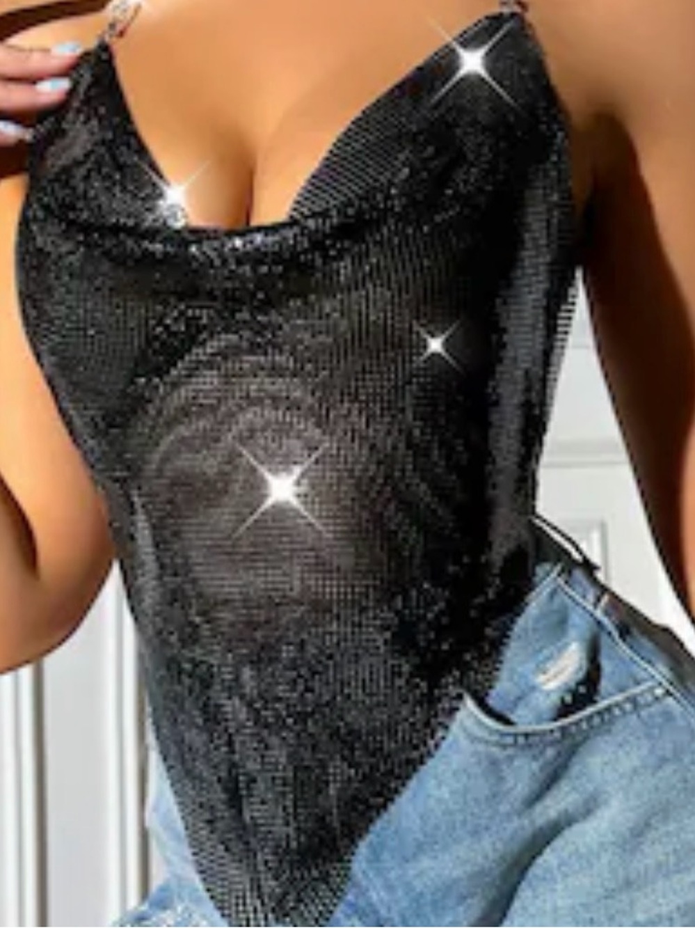 Women’s Black Sequin Cowl Neck Camisole